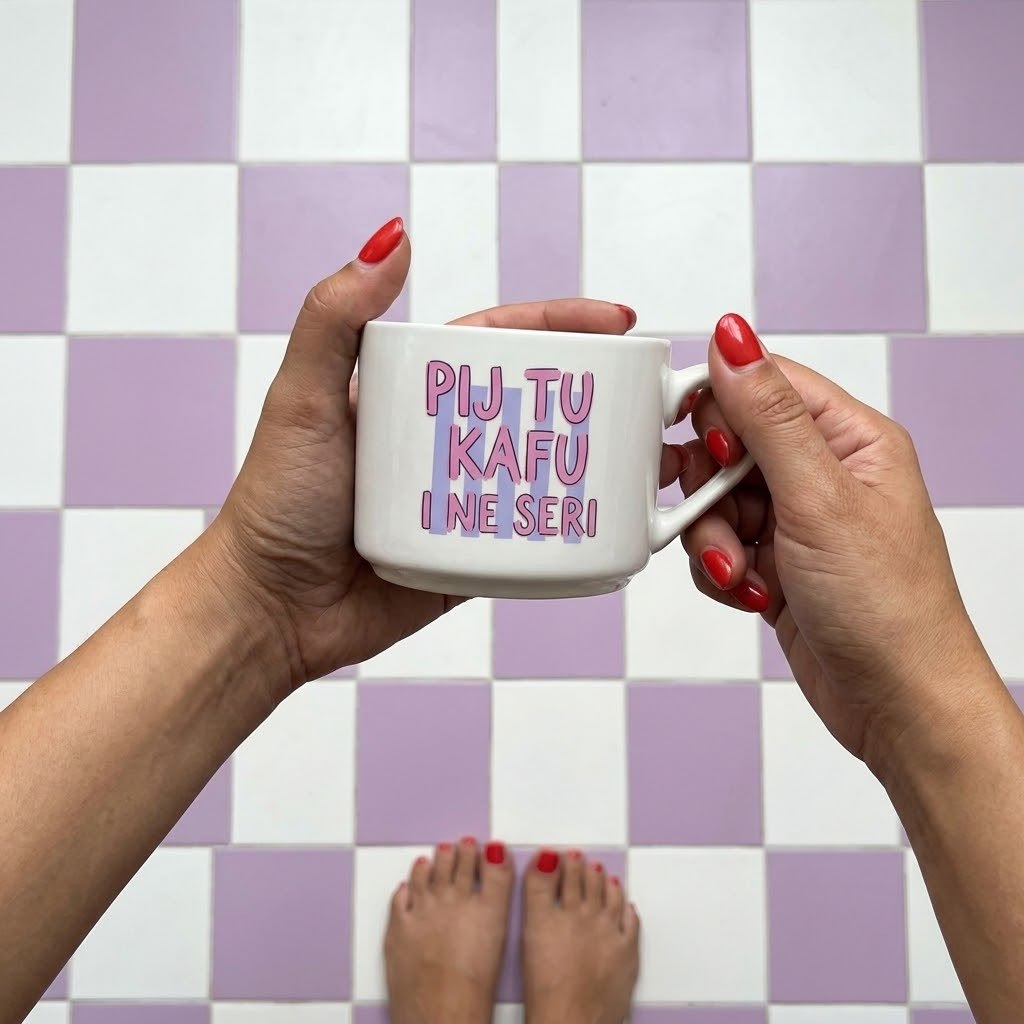 Ruke drže belu šoljicu sa roze natpisom Pij tu kafu i ne seri na lila karo pločicama